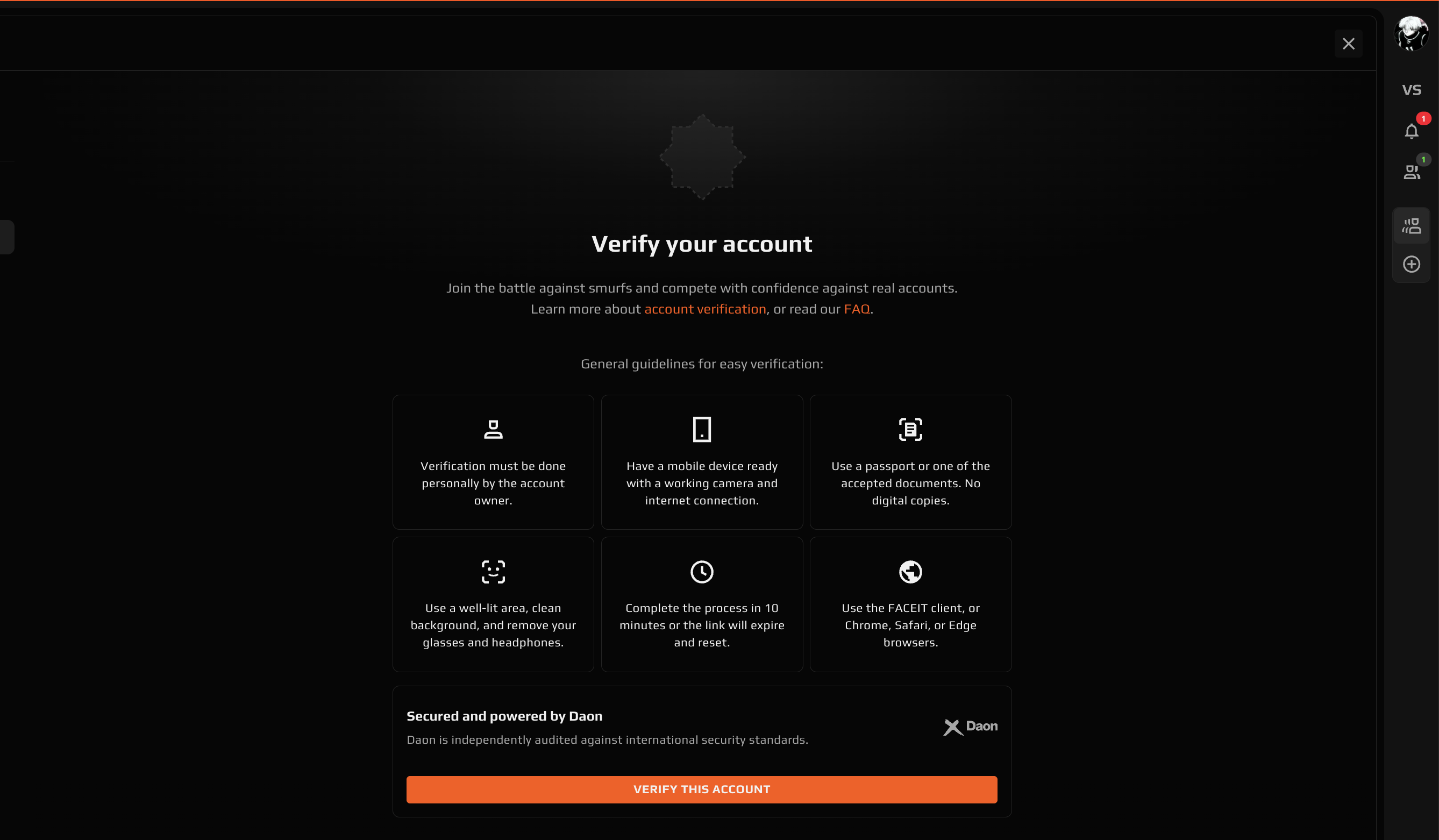 FACEIT verification screen on an eligible account — no prior verification attempts